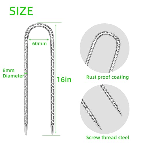 10 Pack Ground Garden Rebar Stakes Rebar 12 Inch Anti-Rust Galvanized Steel U Shape Hook Heavy Duty Ground Anchors for Tents, Position Kits,Fences, and Trampolines Landscape Fabric - color: U-16'' 8mm 10pcs SL