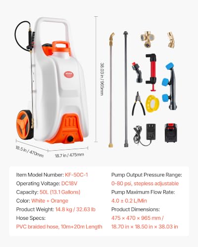 VEVOR 13.1 Gallon Battery Powered Sprayer with Wheels, Adjustable 0-80 PSI, 5 Nozzles and 98ft Hose Included, Orange - size: 13.1 Gal