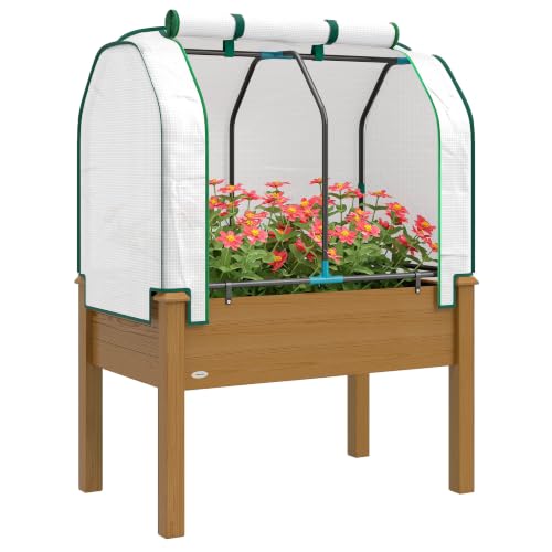 Outsunny Raised Garden Bed with PE Greenhouse Cover 35x22x47 inch Brown - color: Brown, size: 35 x 22 x 47 inch