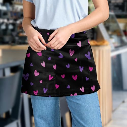 WIRESTER Unisex Waitress Apron for Servers, Half Waist Apron With 3 Pockets for Kitchen Cooking Restaurant Teacher Gardening - color: Purple Pink Hearts Pattern