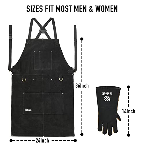 LeaSeek Leather Welding Apron, Heat & Flame-Resistant, 6 Pockets - color: Black - 24"x 36" With Gloves