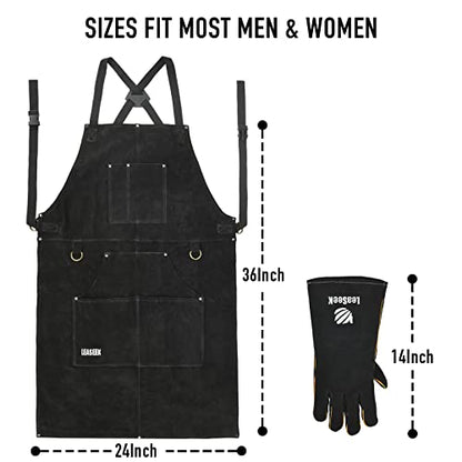 LeaSeek Leather Welding Apron, Heat & Flame-Resistant, 6 Pockets - color: Black - 24"x 36" With Gloves