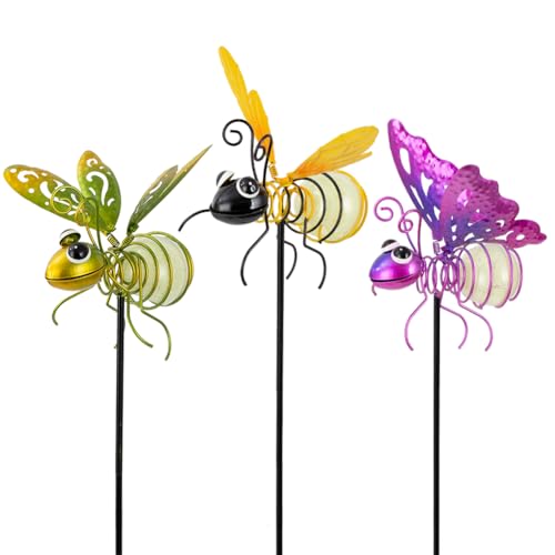Garden Decor for Outside,3 Pcs Luminous Insect Garden Decorative Stakes,Glow in The Dark Bee Lights Metal Yard Art,Waterproof Outdoor Spring Lawn Patio Pathway Decoration for Mom,Women,Grandma - color: Insect