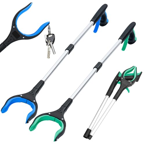 2-Pack Grabber Reacher Tool,32 Inch Extra Long Foldable Pick Up Stick with Strong Grip Magnetic,360°Rotating Anti-Slip Jaw,Trash Claw Grabber Tool,Trash Picker Tool for Outdoor & Indoor (Blue&Green) - color: Blue&green