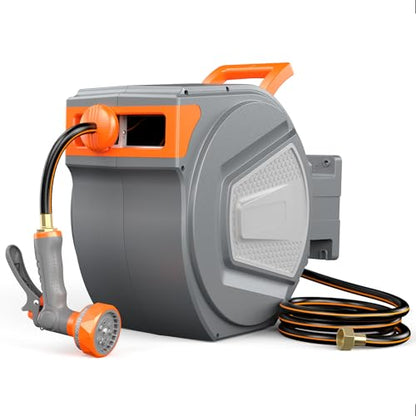 DUMOS Retractable Garden Hose Reel, 1/2 in X 150 ft Water Hose with Nozzle - color: Orange and Grey, size: 1/2" x 150 FT