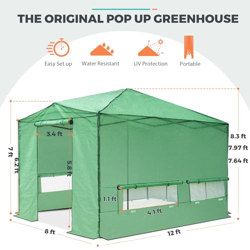 EAGLE PEAK 12x8 Easy Setup Pop Up Greenhouse, Support Pole, Clear/Green - color: Clear/Green, size: 12x8