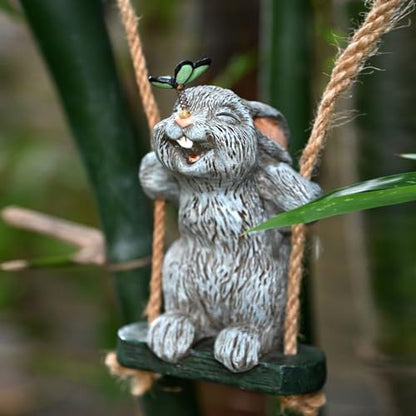 OwMell Garden Rabbit Statue, Swing Bunny Butterfly Hanging Outdoor Decor