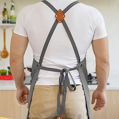 Aoomzoon Canvas Aprons for Men Women, Heavy Duty BBQ Apron with Pockets - color: Gray