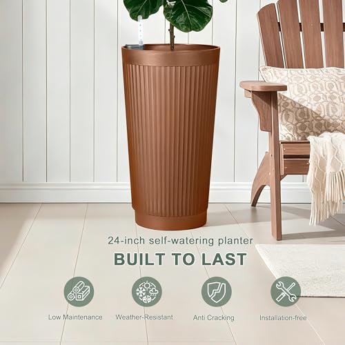 24" Self Watering Tall Outdoor Planters Set of 2 - color: Brown Round