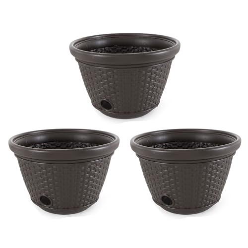 Suncast 3 Pack Decorative Wicker Garden Hose Holder Pot with 4 Drain Holes for 100 Foot Hoses, Java