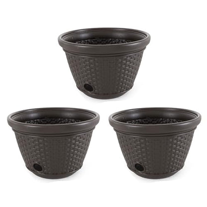 Suncast 3 Pack Decorative Wicker Garden Hose Holder Pot with 4 Drain Holes for 100 Foot Hoses, Java