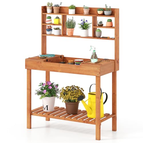 Happygrill Wooden Potting Bench Table, 60" Garden Workstation with Storage - color: Brown, size: 40" x 18" x 60"