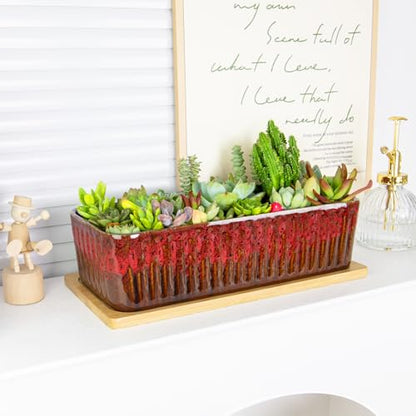 Succulent Pots, 12'' Long Rectangle Planters with Tray, Windowsill Planter - color: Red