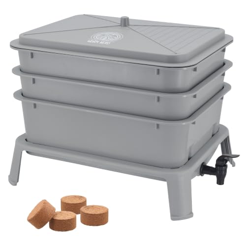 Worm Nerd WN52 4-Tray Worm Composting Bin Kit with Coco Coir Brick for Recycling Food Waste, Worm Castings, Worm Tea, Vermiculture and Vermicomposting, Gray - style: Jaylen Bin - Gray