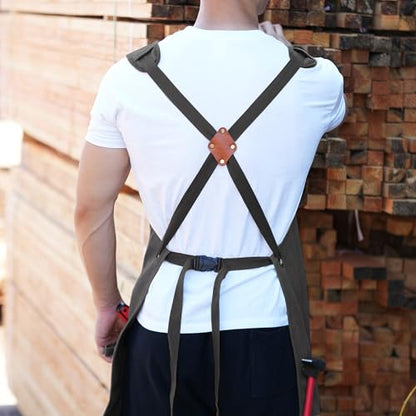 Tosewever Work Aprons for Men with Large Pockets, Canvas Cross Back Heavy Duty Adjustable Tool Aprons for Chef Cooking BBQ - color: Grey