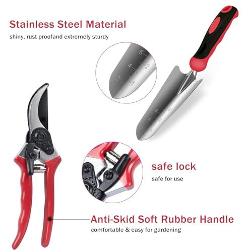 WisaKey 9 Piece Gardening Tools Heavy Duty Garden Tool Set with Handbag Red