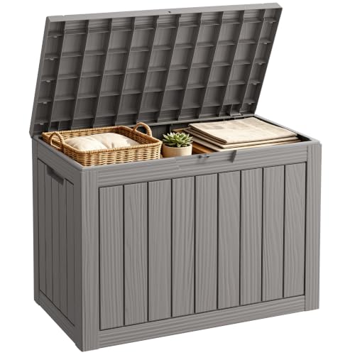 Fancyango 50 Gallon Waterproof Deck Box, Resin Outdoor Storage Box, Grey - color: Striped Grey, size: 50 Gallon