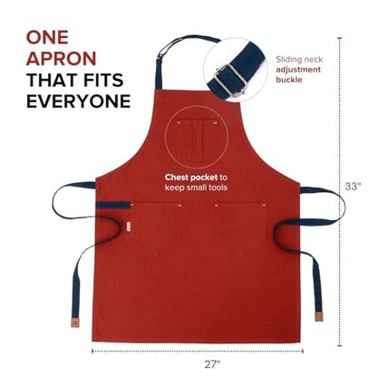 Cotton Canvas Apron for Women & Men – Adjustable Neck Strap & Waist Ties with Pockets - color: Rust