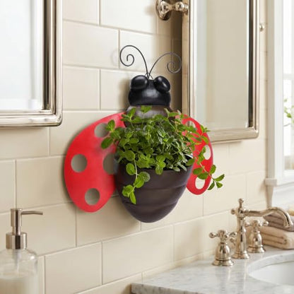 Ladybug Metal Wall Planter, Wall Mount Hanging Succulent Pot with Drainage - color: Red Ladybug