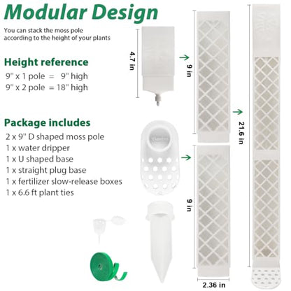 2 Pcs 9 Inch D Shaped Moss Pole with Watering Dripper, Plastic Moss Poles for Climbing Plants, Sturdy Monstera Plant Support, Self Watering Moss Pole Kit for Plants Indoor (1Pack 2Pcs-White) - size: 1Pack 2Pcs-White