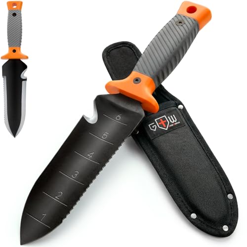 Hori Hori Garden Knife 7" with Sheath – Heavy Duty Stainless Steel Multi-Purpose Tool for Weeding, Digging & Planting, Serrated & Straight Full-Tang Blade, Non-Slip Rubber Handle, Pruning Shears - color: 1. Gray Classic