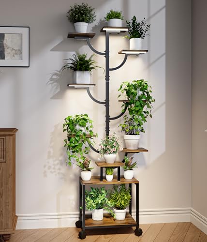 Plant Stand Indoor with Grow Lights - 9-Tier Plant Stand with Wheels, Tall Metal and Wood Indoor Plant Shelf with Tree Design, Rolling Flower Pot Holder Rack with Waterproof Finish, Adjustable Display Stand for Home Garden, Patio, 62" Tall - size: 62 in