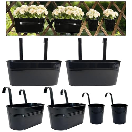 6 Pack Mixed Size Balcony Hanging Planters for Patio Garden Décor, Black - color: Black, size: Oval 17"*2 + Oval 12"*2 + Round 4"*2