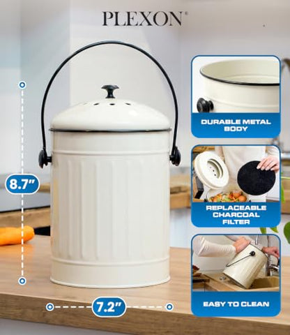 Plexon Kitchen Compost Bin Indoor with Lid, Off-White 1.5 Gall - color: Off-white