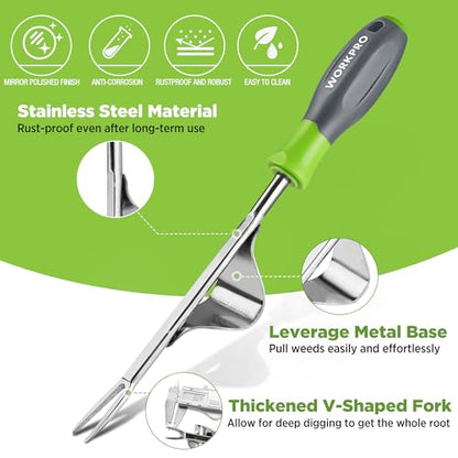 WORKPRO Weed Puller Tool, Metal Leverage Base and V-Shaped Forks