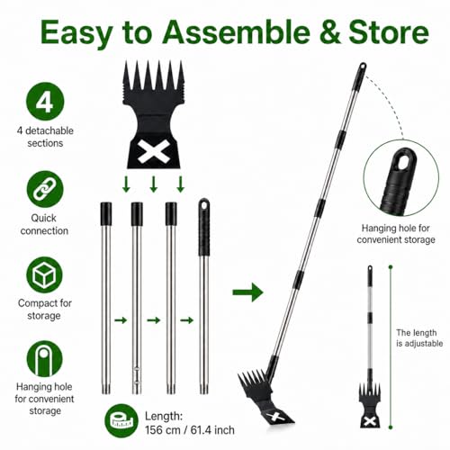 Weed Puller Tool with Long Handle, 61.4 Inch Stand Up Weeder Tool, 4-Claw Stainless Steel Weed Remover, No Bending Manual Dandelion Root Extractor for Lawn Garden Yard Patio