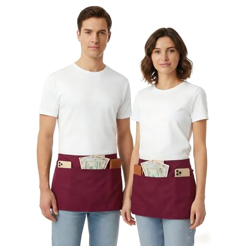 BOHARERS Waist Apron with 3 Pockets 12 Pack - Red Waitress Server Short Apron - color: 12 Pack Red