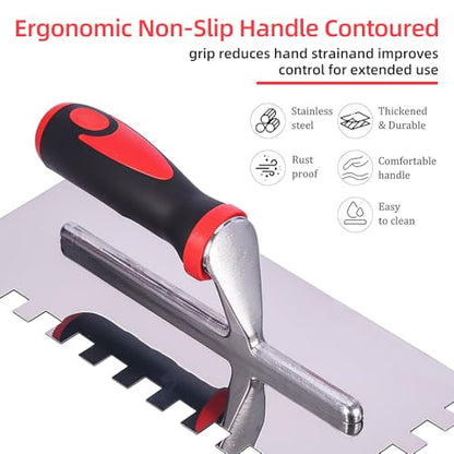 Stainless Steel Square Notched Trowel Set - 3 Piece Kit (5/32", 5/16", 1/2" Notch Sizes) for Wall & Floor Tile Installation - Masonry Tiling Hand Tools