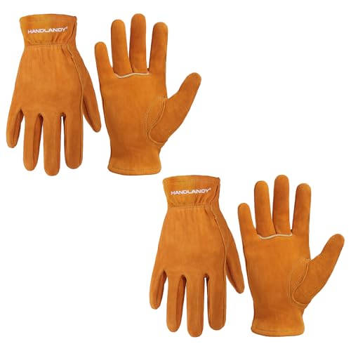 HANDLANDY 2 Pairs Kids Leather Gardening Gloves, Kid Work Gloves, Orange, M - color: Orange (2 Pairs), size: Medium (Age 5-7)