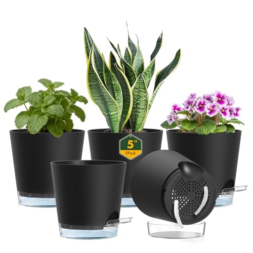 Meowell 5 inch Self Watering Flower Pots for Indoor Plants, 5 Pack Small Plant Pots with Drainage Holes & Clear Reservoir for Visible Water Level, Plastic Wicking Planter Pots for House Plants, Black - color: Black, size: 5 in 5pcs