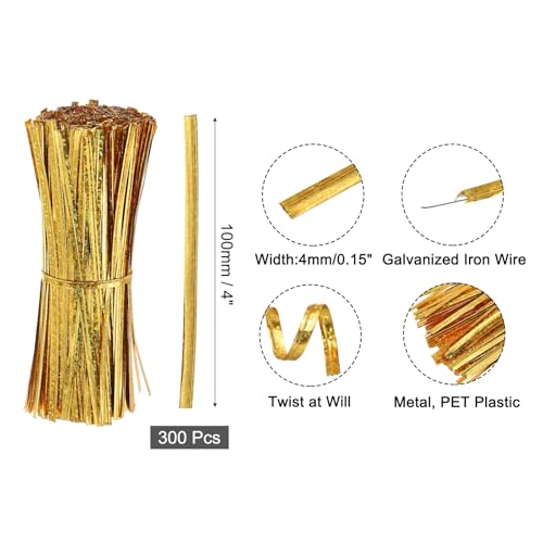 uxcell 4" Twist Ties, Metallic Twist Ties, Reusable Plastic Coated Twist Ties for Bakery, Candy Bags, Coffee Bags, Goodie Bags, Pack of 300, Shiny Gold - color: Gold, size: 4"