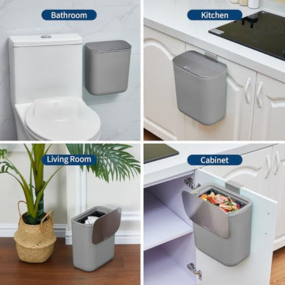 2.4 Gal/9L Hanging Trash Can, Stainless Steel Compost Bin with Lid & Hook, Small Garbage Can for Kitchen Counter, Bathroom Sink, Office Desk, Space-Saving Rubbish Bin - Grey - size: 2.4 Gallon / 9 Liter