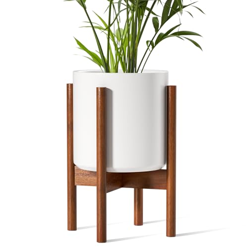 LE TAUCI Planter with Acacia Wood Stand, 10 Inch, White - color: White, size: 10 Inch