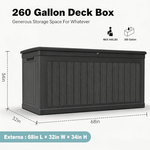 260 Gal Deck Box, Waterproof Outdoor Resin Storage Box,Lockable Storage Bin