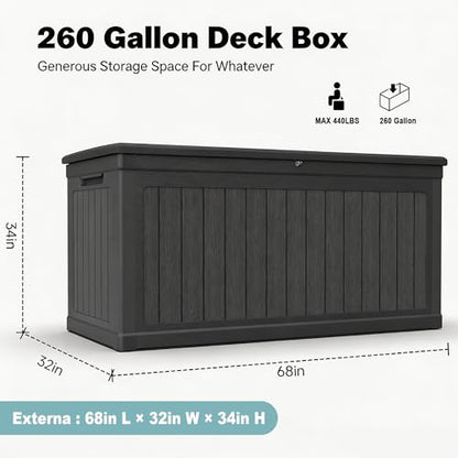 260 Gal Deck Box, Waterproof Outdoor Resin Storage Box,Lockable Storage Bin