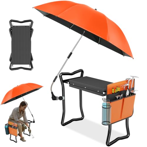 2-in-1 Garden Kneeler with Umbrella, Garden Kneeling Bench & Umbrella, Portable Garden Stool Loads Capacity 330lb and Garden Tools Bag with bottle holder, Gardening Gifts for Women,Men (orange) - color: Orange