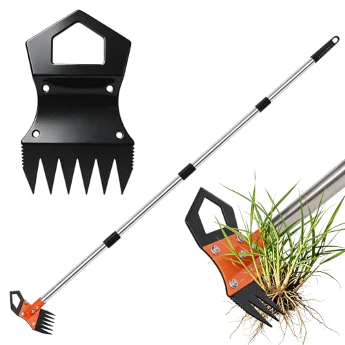 2-in-1 Weed Puller Tool with Adjustable Long Handle – 60" Manual Weeder Rake and Garden Hoe, Uprooting Weed Remover for Lawn, Yard, Patio, Garden
