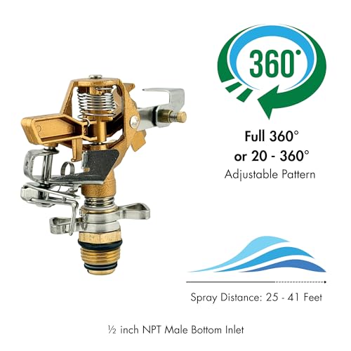Brass Impact Sprinkler Head, 1/2” Male Pipe Thread – Adjustable 20°–360° Arc, 25–41 Ft Coverage – Heavy-Duty All-Brass Construction for Lawn Irrigation, Long-Range Watering & Durability