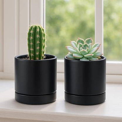 D'vine Dev 4-Pack Ceramic Pots with Saucers, Black, 4.7 in, 94-X-B-2 - color: Black, size: 4.7 Inch