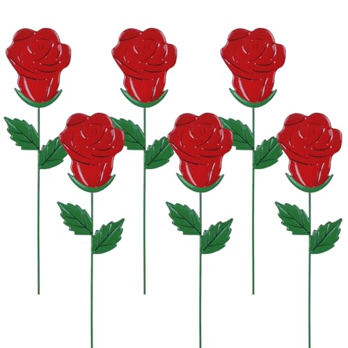 YEAHOME Valentines Day Decorations Outdoor, Set of 6 Rose Metal Flowers Decorative Garden Stakes for Valentines Day Decor, Lovely Yard Stakes for Home Lawn Pot Flowerbed Wedding Anniversary - color: Red