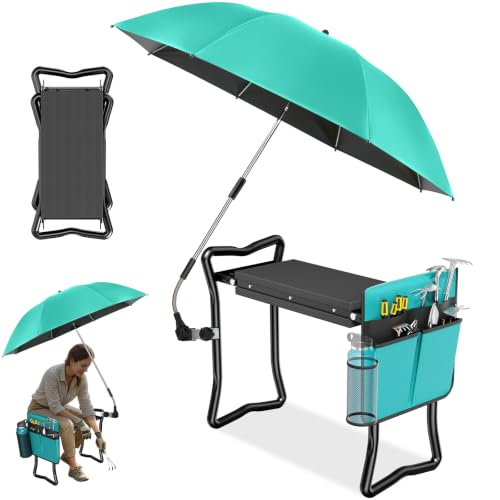 2-in-1 Garden Kneeler with Umbrella, Garden Kneeling Bench & Aqua Umbrella, Portable Garden Stool Loads Capacity 330lb and Garden Tools Bag with bottle holder, Gardening Gifts for Women,Men,Seniors - color: Aqua