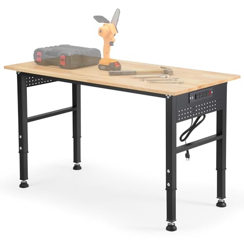 48" Adjustable Workbench with Rubberwood Top & Power Outlet,Large 48 x 24 Inch 9-Level Height Range 27"-37", 2000 LBS Heavy Duty Capacity for Workshop, Office, Garage, Home - size: 48*24 Inch