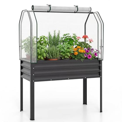 GIANTEX Raised Garden Bed with Legs & Greenhouse Cover, 44x22x60 Elevated Metal Planter Box with Roll-up Door, Outdoor Mini Greenhouse for Vegetable Flower Herb Patio Balcony (Black,1) - color: Black