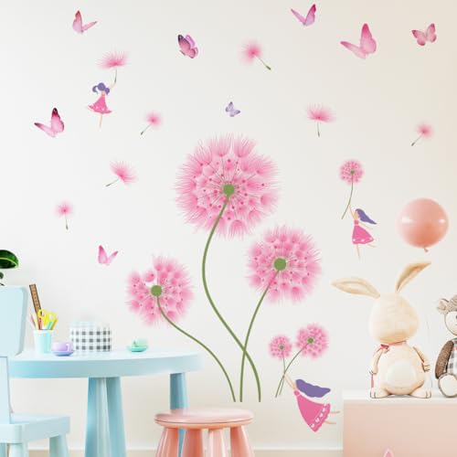 Pink Dandelion Wall Decals, Peel and Stick Vinyl Decor,Removable Vinyl Wall Stickers with Flowers Butterflies, Birds, Pink and Black Colorful Floral Design for Living Room, Bedroom, Nursery - color: Pink