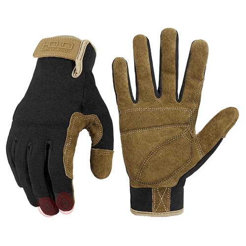 HANDLANDY Work Gloves for Men & Women, Utility Mechanic Working Gloves Touch Screen, Flexible Gardening Gloves for Yard - color: Brown Black (1 Pair), size: Small