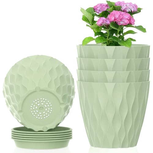 Meowell 4 inch Small Plastic Nursery Pots, 5 Pack Water Ripples Plant Pots for Indoor Plants, Flower Pots with Drainage Holes and Saucers, Seeding Starter Planters for Decorative, Green - color: Green, size: 4 inch 5 pieces